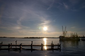 Pelicans and Shrimp Boats at Dusk in Swansboro NC