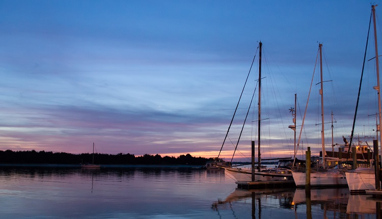 Amazing sunset with sailboats in Beaufort, NC harbor