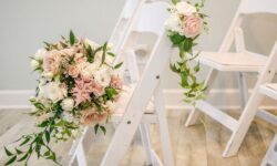 Wedding bouquet on chairs