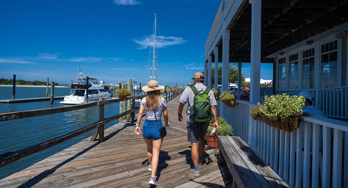 couple walking in downtown beaufort, nc